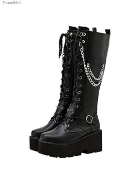 Knee High Lace Up Combat Platform Boots Chunky Heel Goth